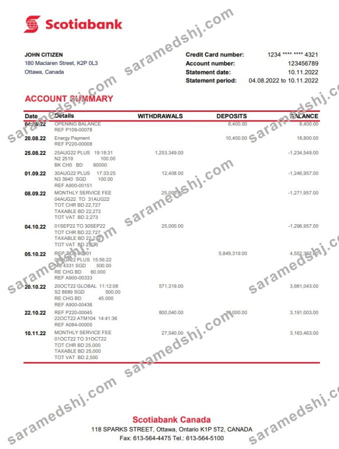 Canada Scotiabank bank statement